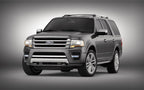 A gray ford expedition is parked in front of a grey background.