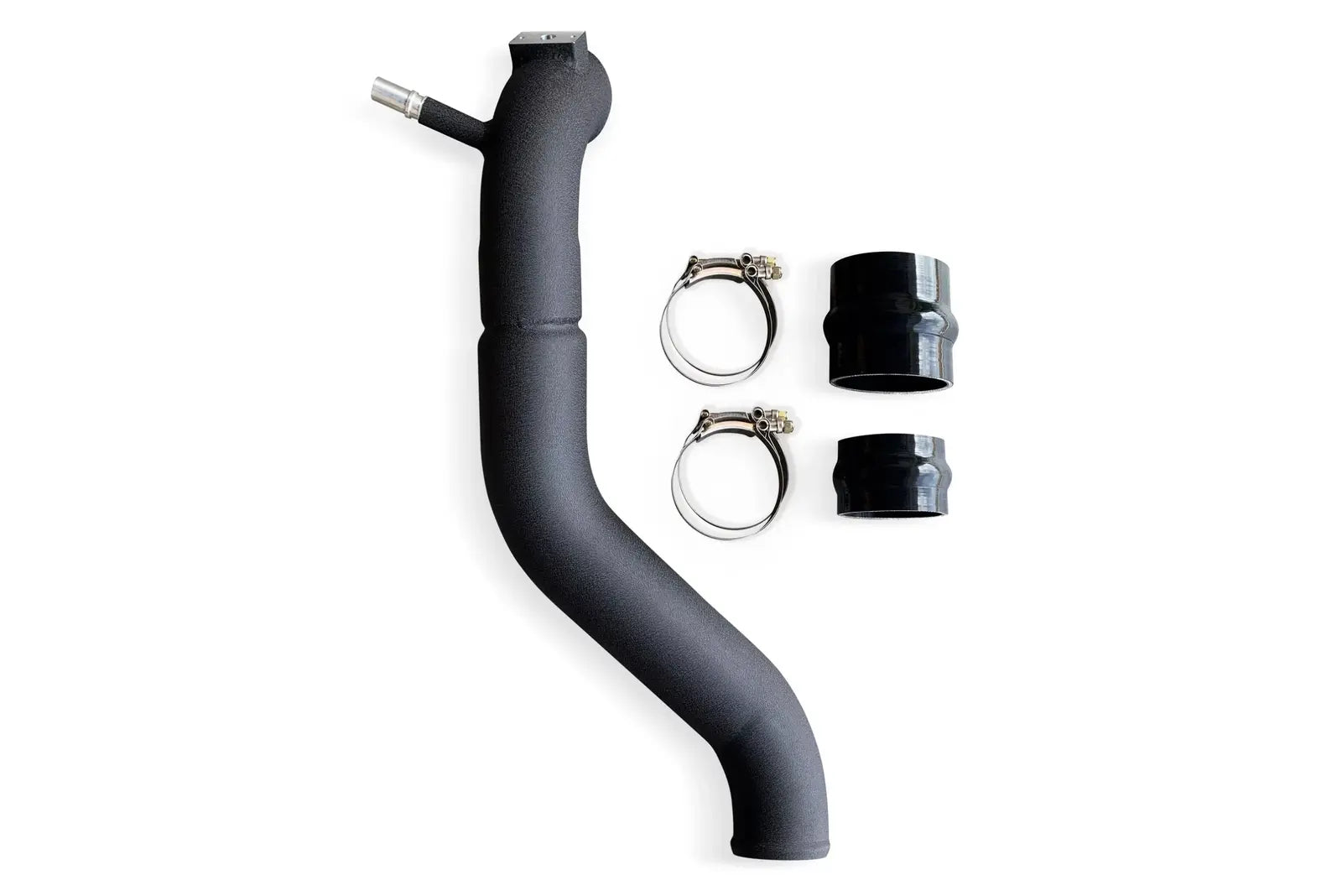 A black hose with two clamps and two nuts.
