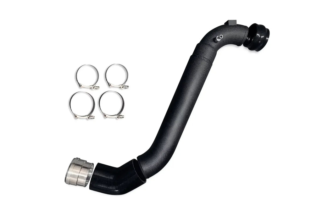 A black hose with four different metal clamps.