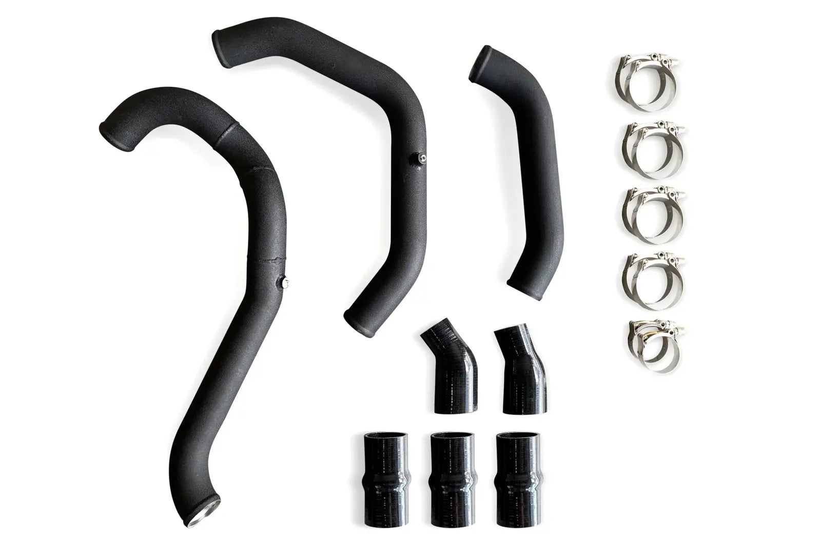 A set of black hose and clamps for an engine.