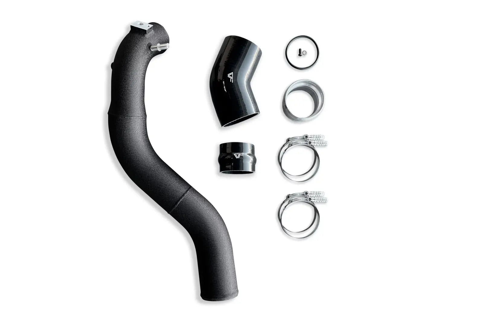 A black hose and its parts are laying on the ground.