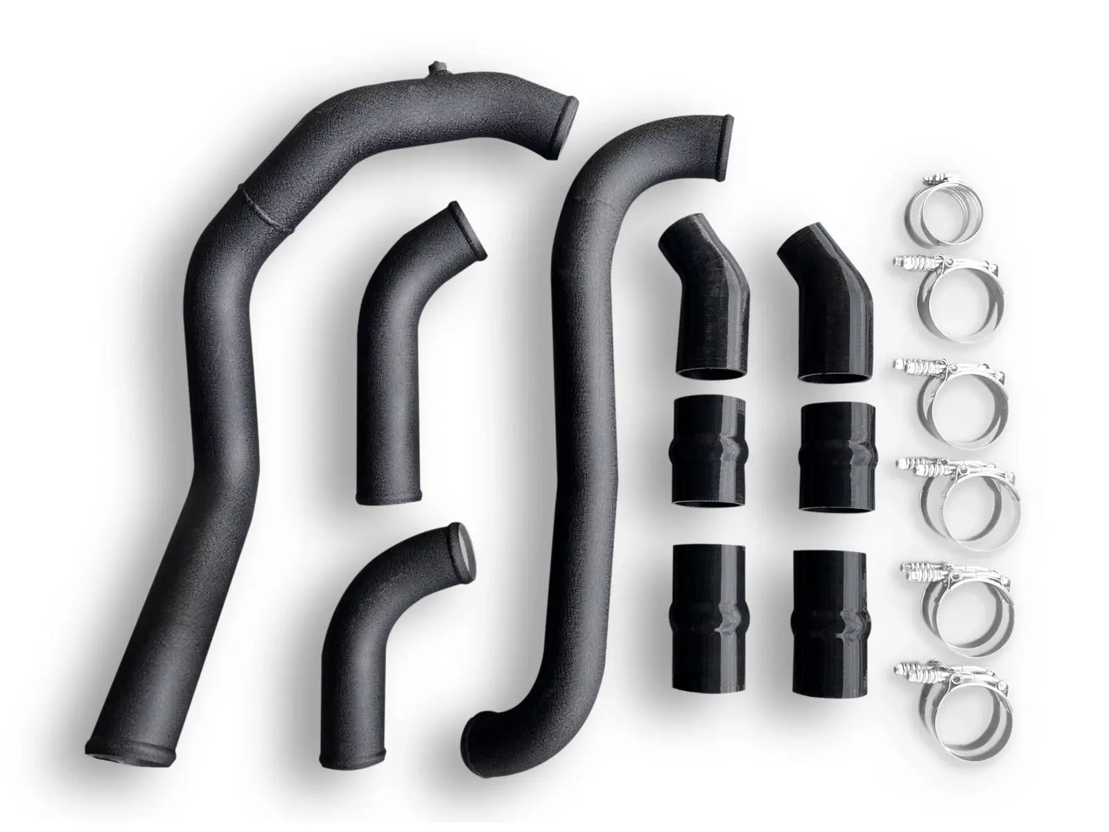 A set of black plastic pipes and fittings.