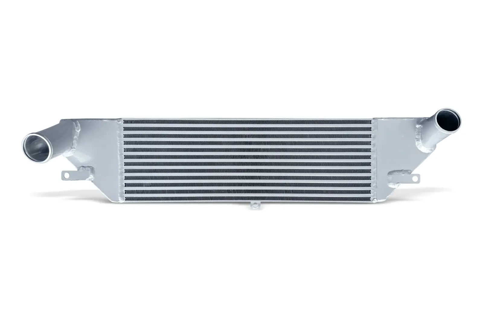 A silver radiator is shown with the front end of it.