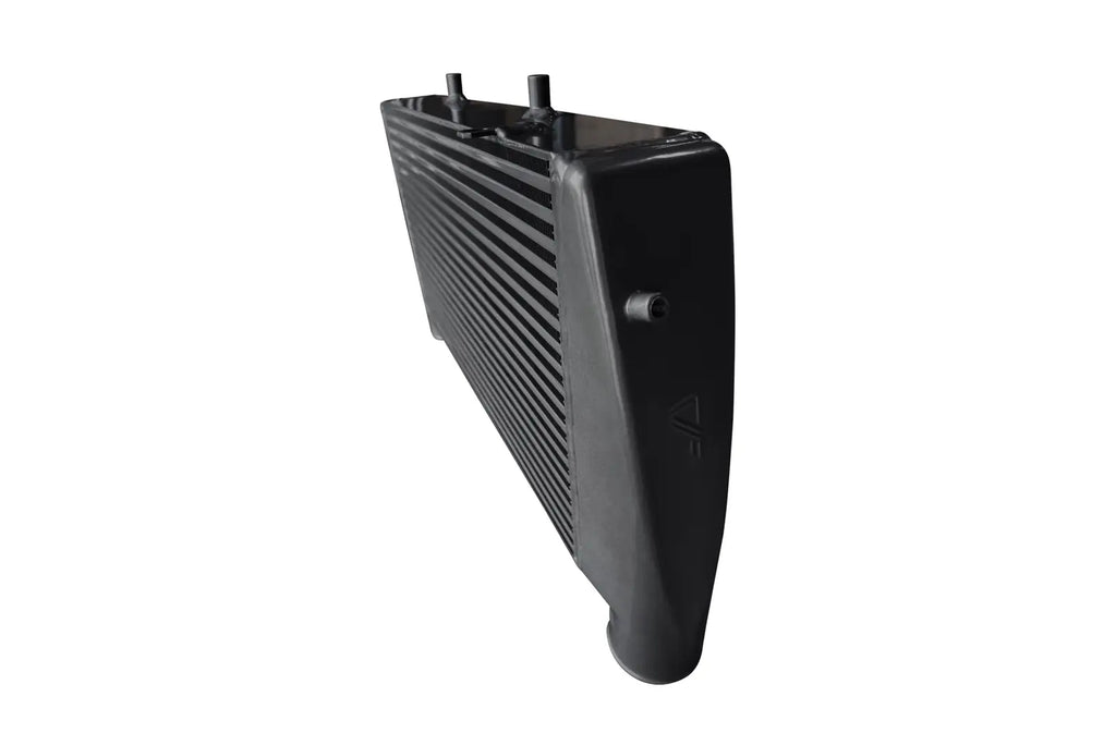 A black radiator is shown with two outlets.